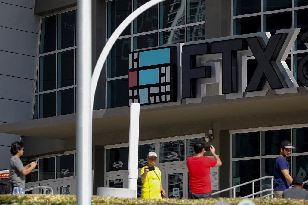 The logo of FTX is seen at the FTX Arena in Miami - Digital Wager Wire Logo FTX arena building miami